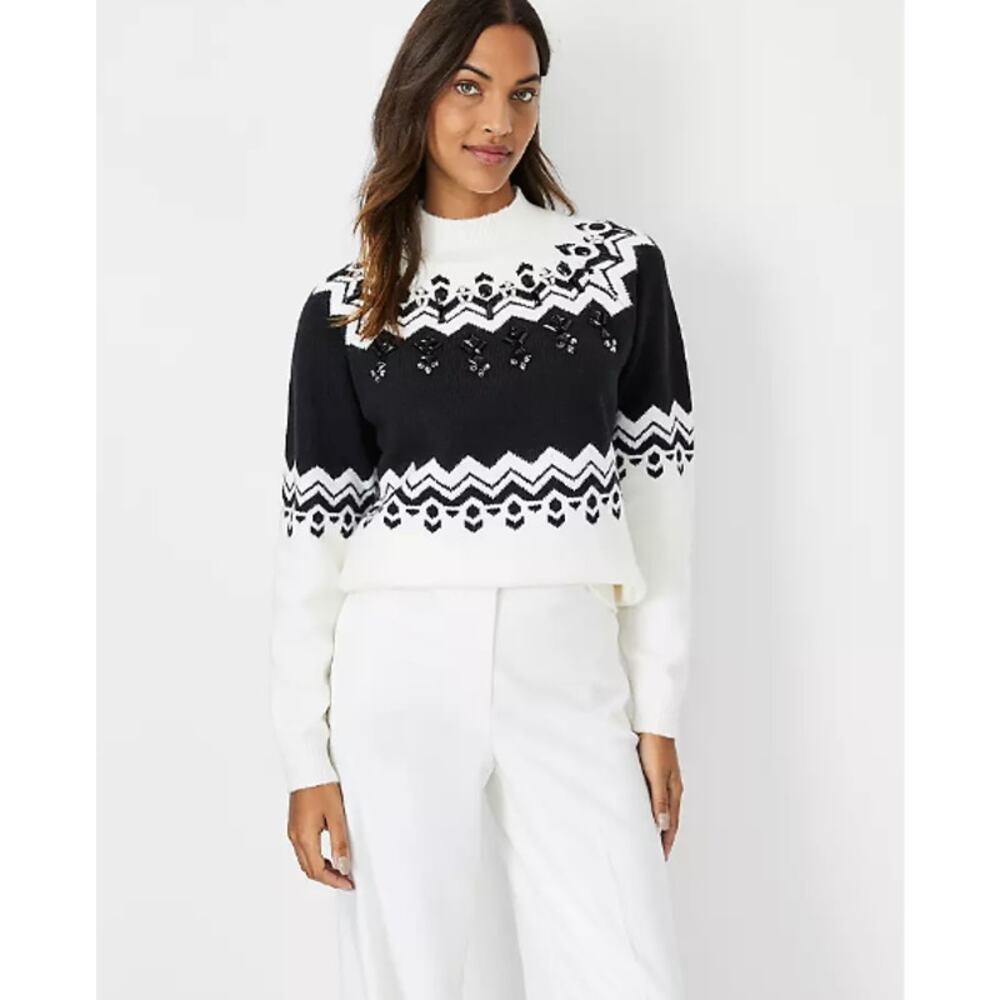 Ann Taylor Black HIte Fair Isle Nordic Sequin Embellished Mock Neck Sweater XL - Picture 2 of 9